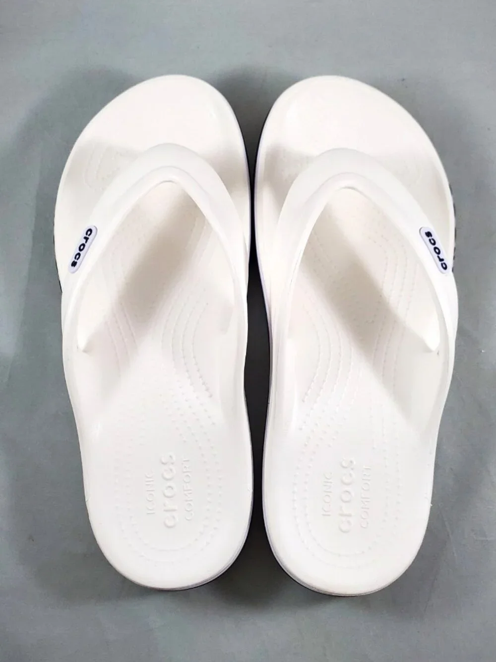 Crocs Unisex Bajaband White Navy Flip Flops Men 9 Women 11 Sandals Beach Pool